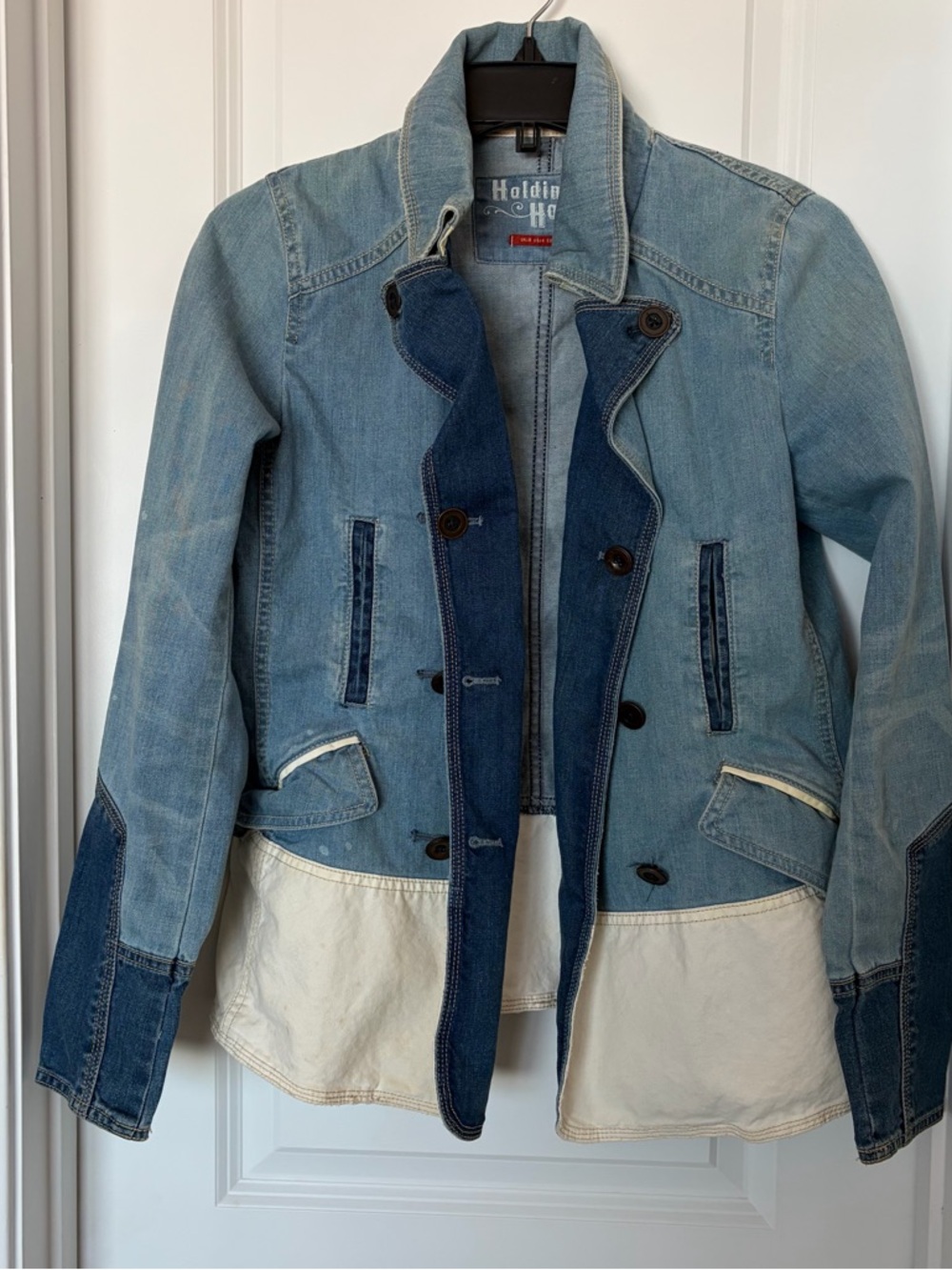 HOLDING HORSES Two-Tone Light Blue & Dark Blue Denim Jacket with Cream 
Size US4